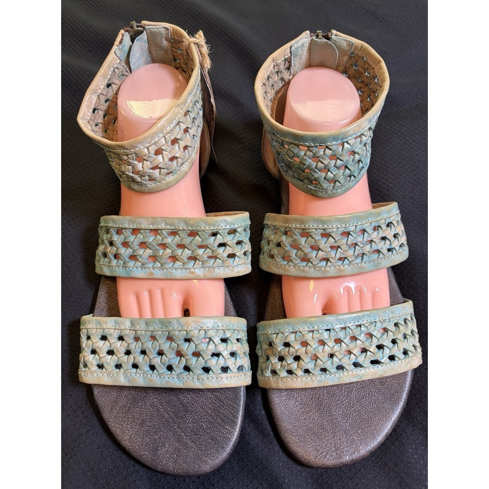 Roan Clio Flat Sandals Shoes ~US 12~ $129 Aqua Blue Woven‎ Leather Ankle Zip NWT